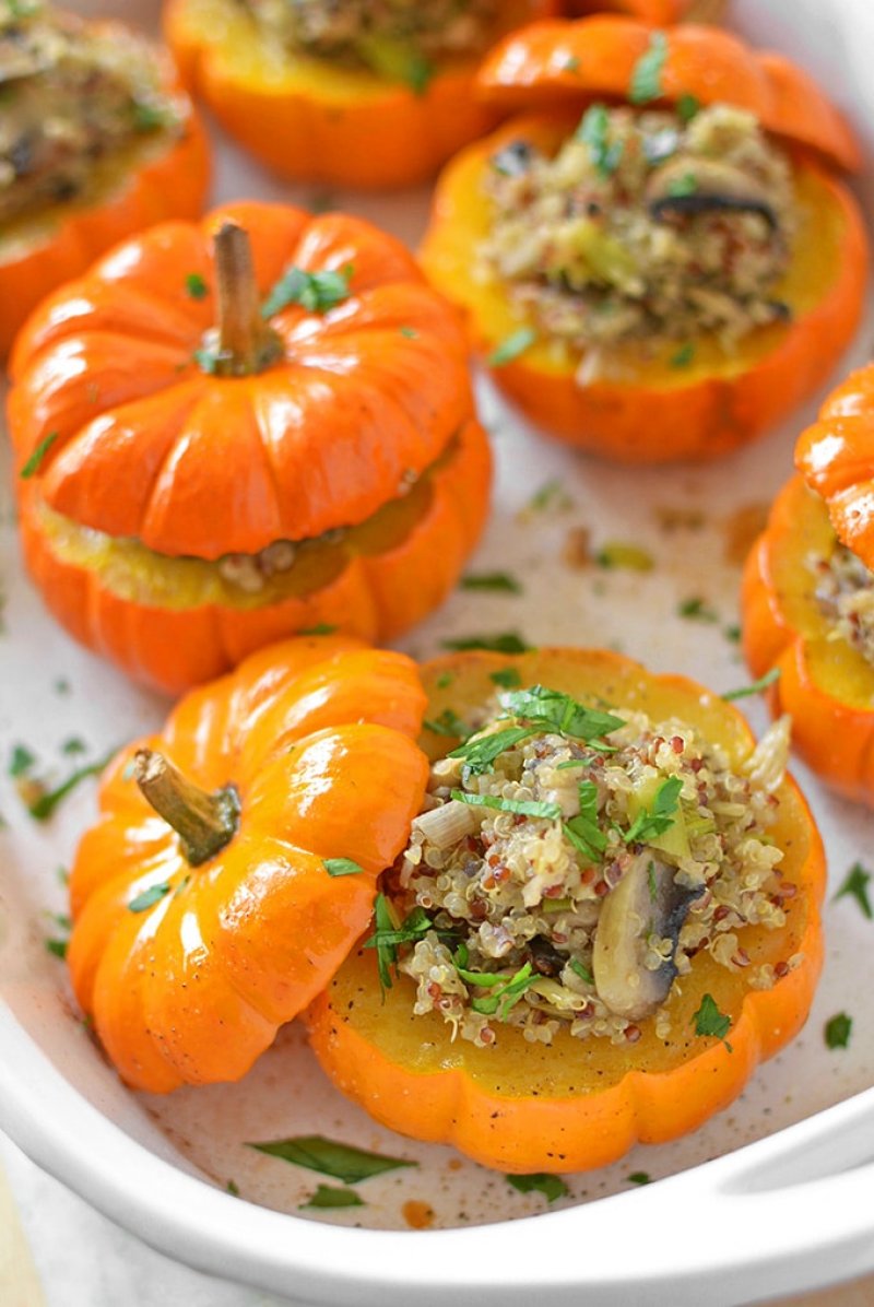 Savory mushroom and quinoa stuffed mini pumpkins from Simple Seasonal