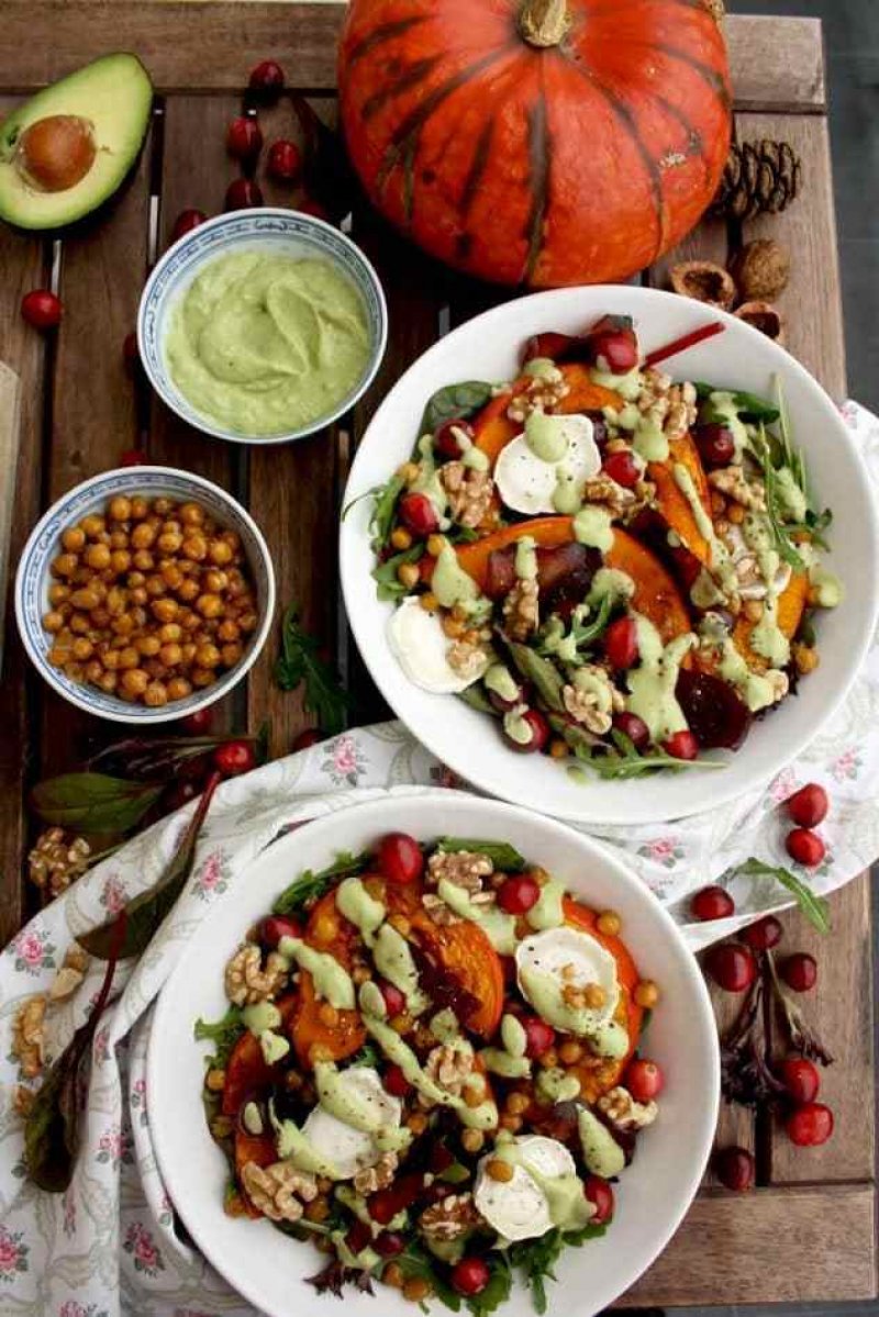 Warm Winter Salad with Pumpkin, Goat Cheese, Cranberries and Avocado Dressing