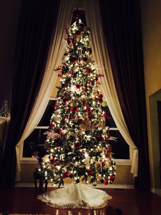 12ft Christmas tree, red, white and rose gold.