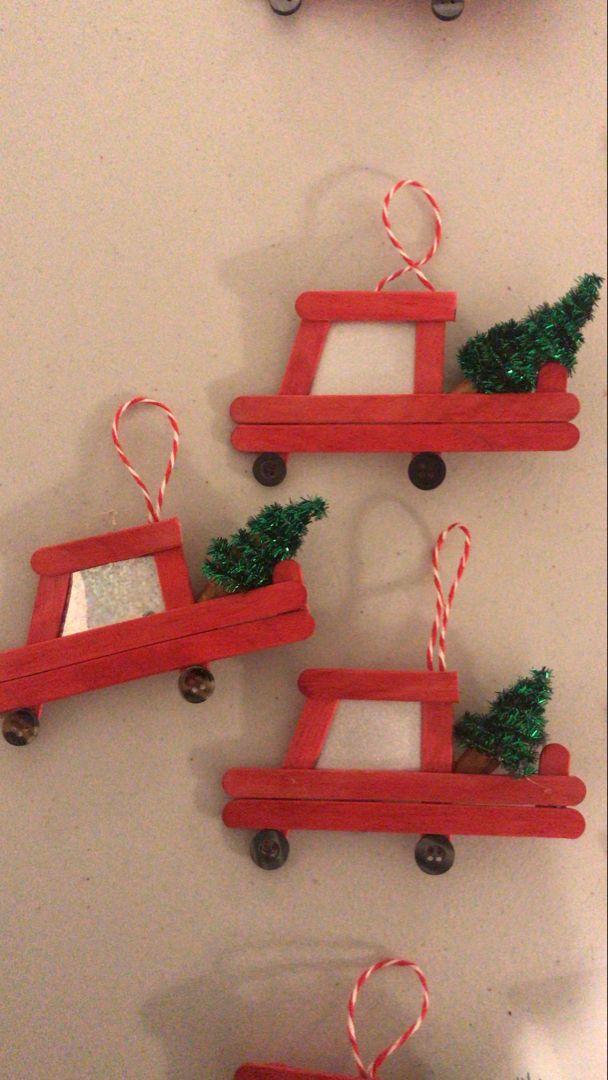 Adorable car and truck Popsicle stick Christmas ornaments.