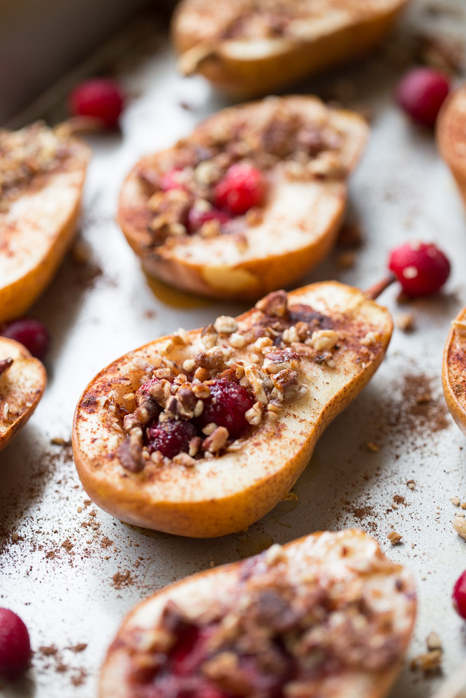 Baked Pears with Honey, Cranberries, and Pecans.