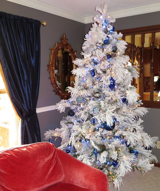 Blue White Silver Flocked Christmas Tree.