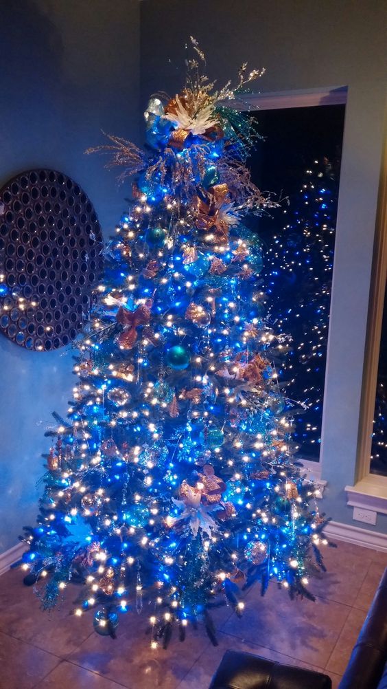 Blue and copper Christmas tree.