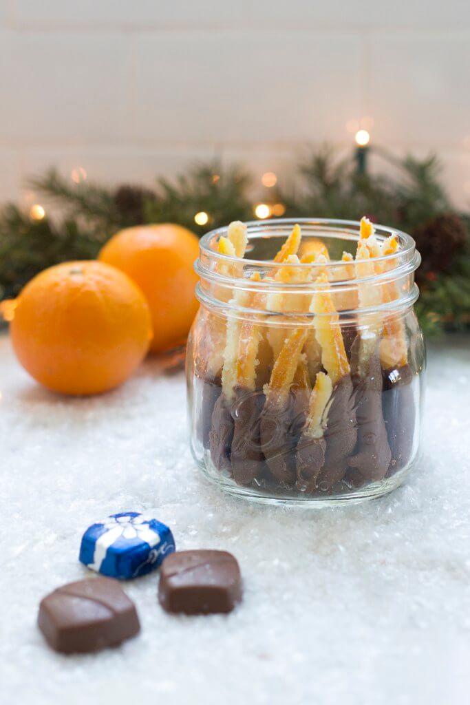 Chocolate Dipped Candied Orange Peels in a Jar