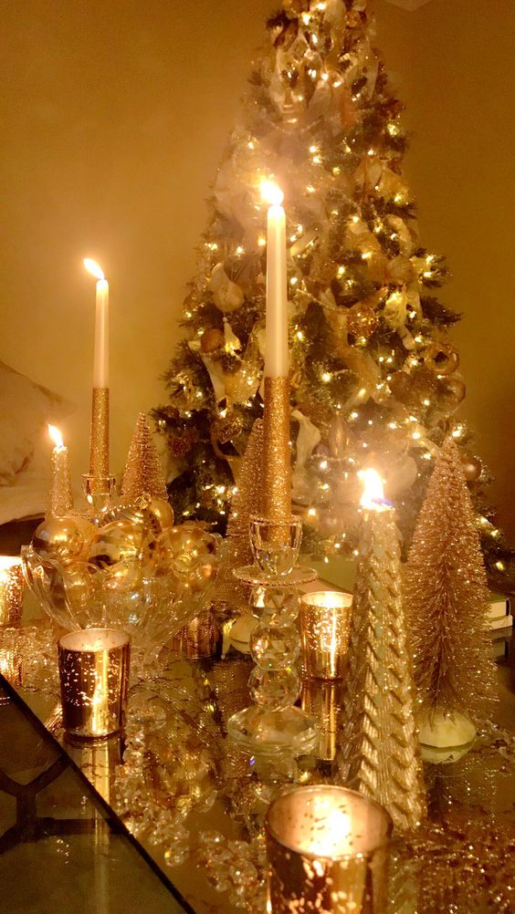 Christmas Tree and table with Christmas lights.