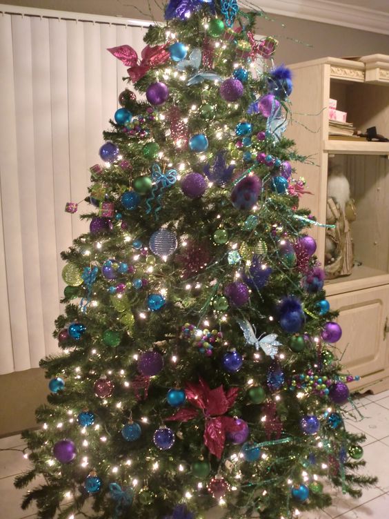 Christmas Tree with Blue Ornaments.