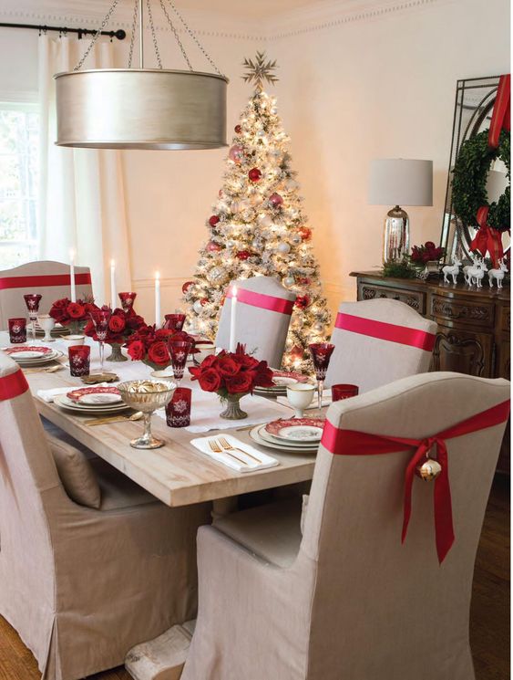 Christmas feast with table settings dressed to celebrate the season.