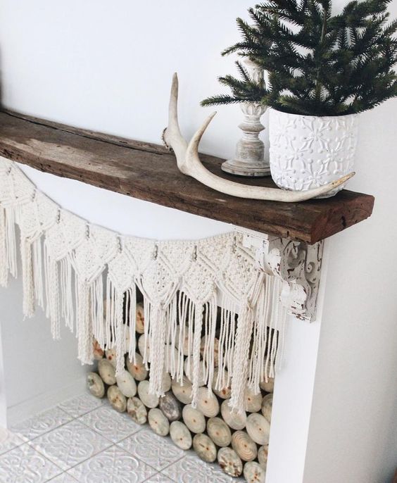 Christmas fireplace mantle macrame bunting boho bohemian.