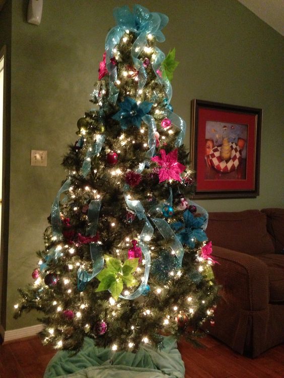 Christmas tree. Teal, pink & green.