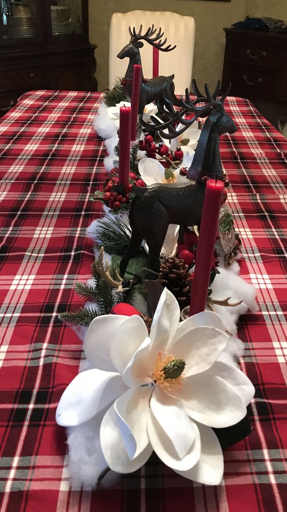 Cozy plaid Christmas table decorations.