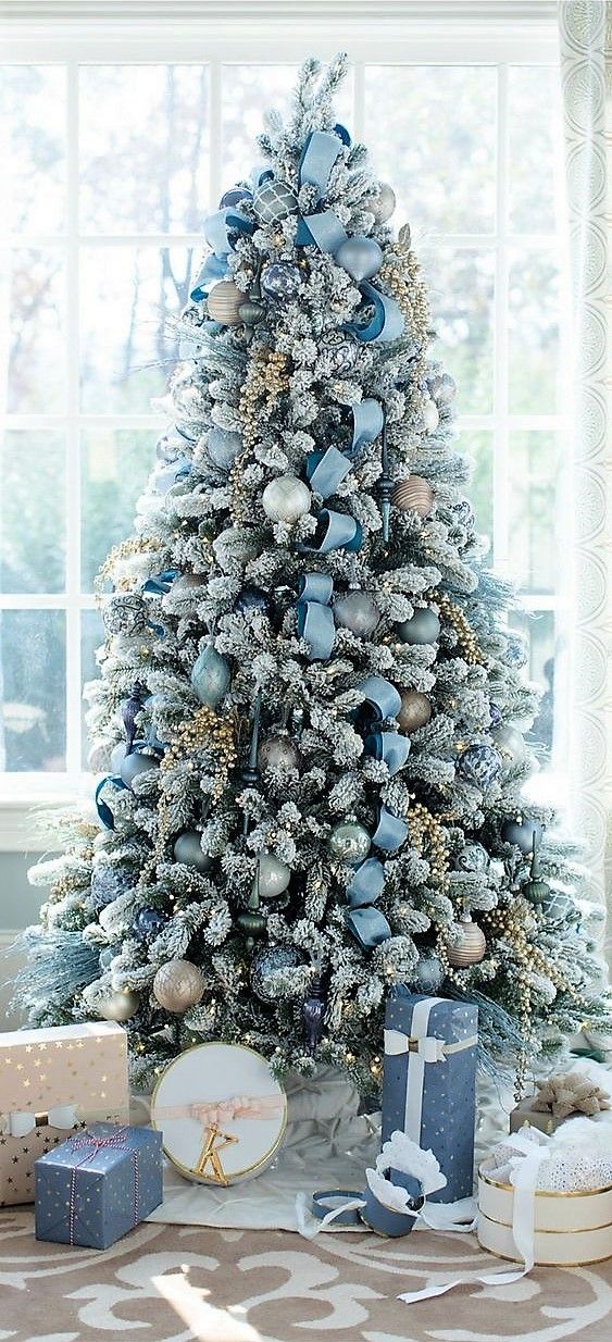 Flocked Christmas Tree with Icy Blue Color Palette.