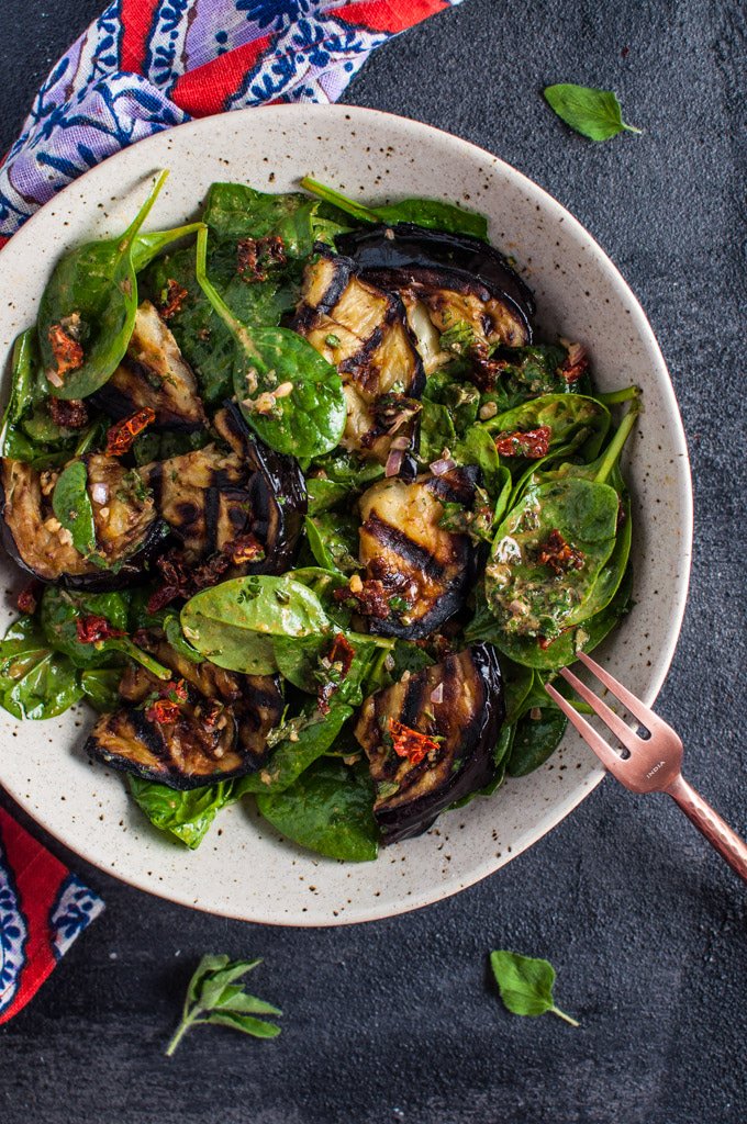 Grilled Eggplant and Spinach Salad.