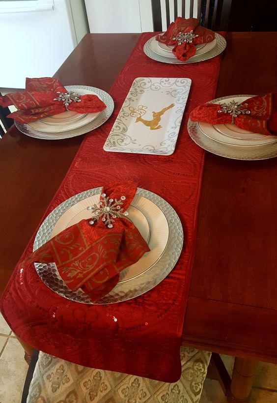 Holiday table. Red, silver, and gold.