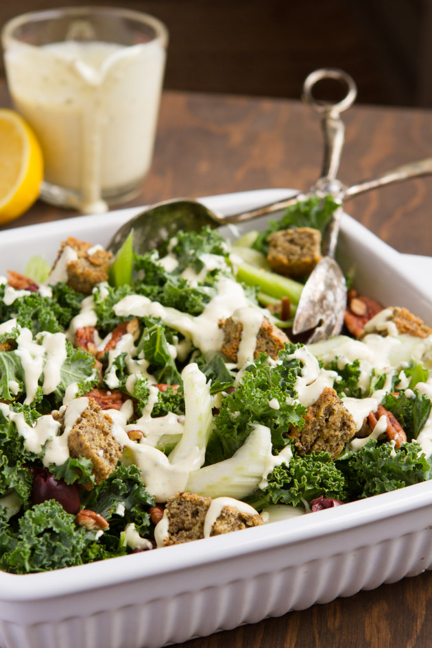 Kale Salad with Olives, Chia Croutons + Creamy Lemon Rosemary Dressing.