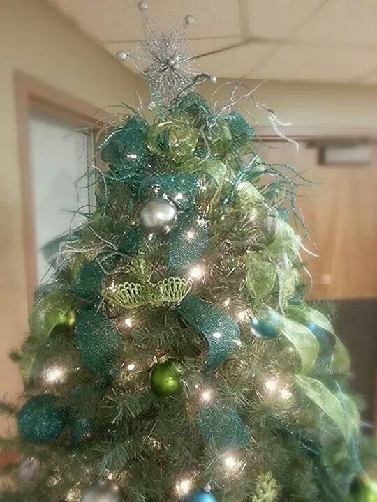 Lime and Turquoise Christmas tree. Main nurses station.