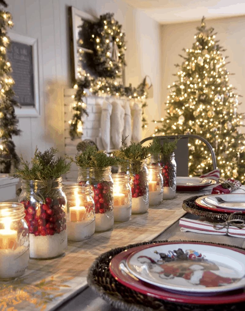 Mason Jar with Cranberries and Candles.