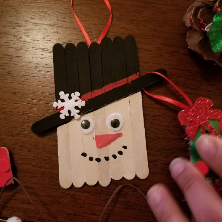 Popsicle stick Christmas snowman ornament.