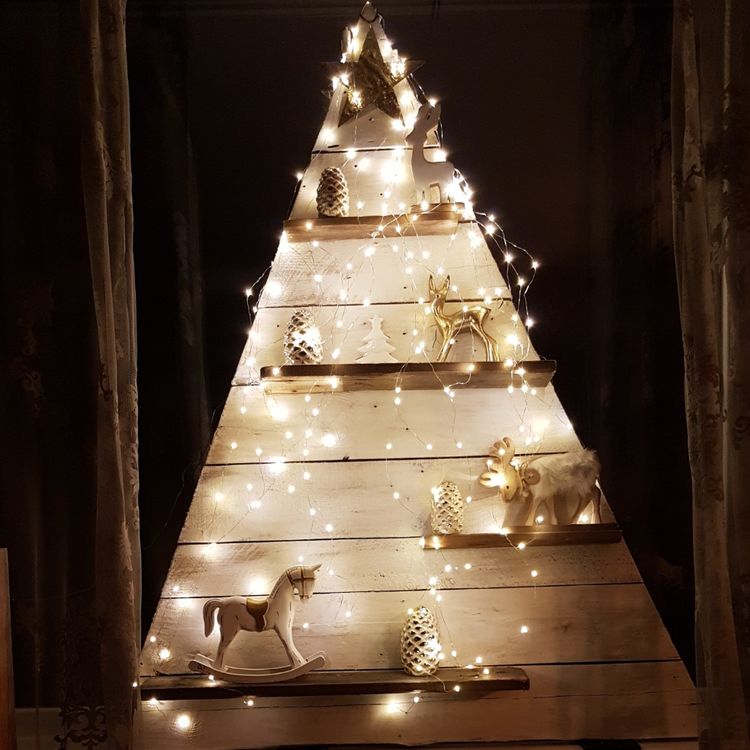 Rustic Christmas tree with lights..