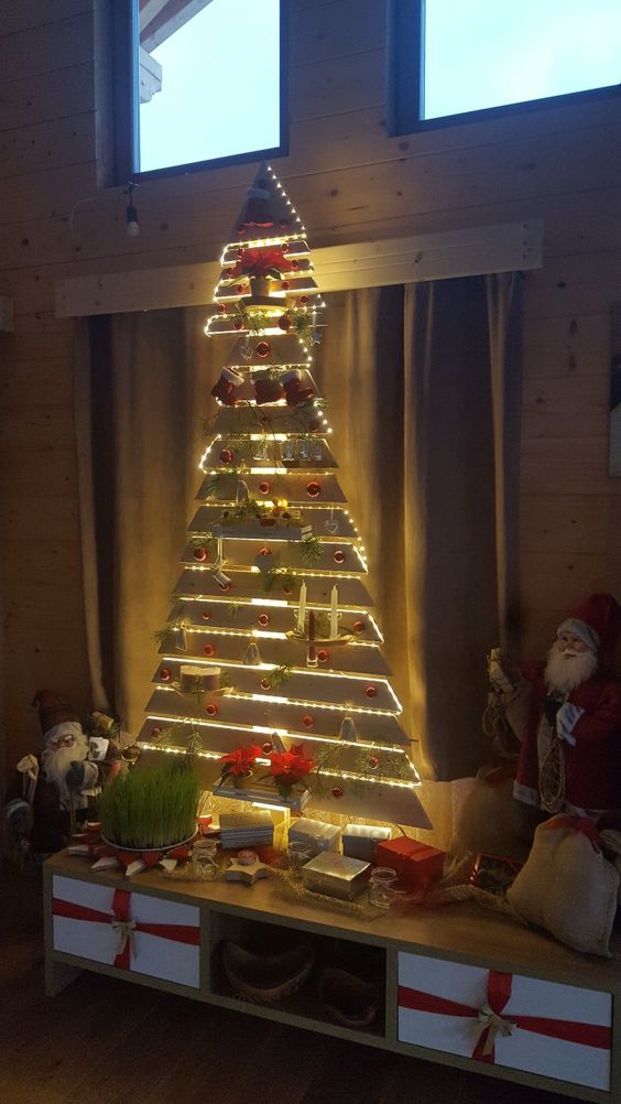 Rustic-modern wooden Christmas tree.