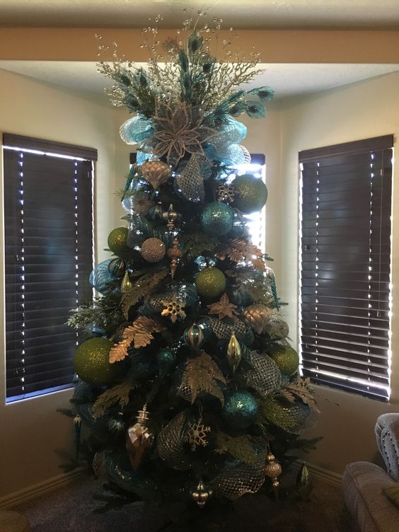 Turquoise, Lime Green and silver Christmas tree. Decorated by Amber Blair.