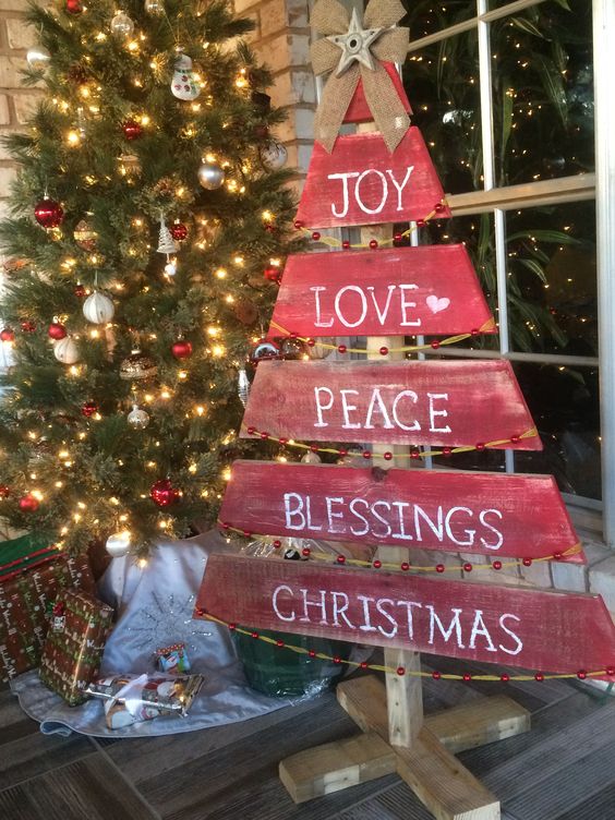 Wooden Christmas trees are great for rustic decor.