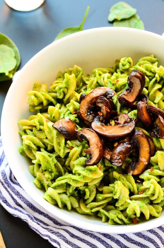 Avocado-Spinach Pesto Pasta with Mushrooms.