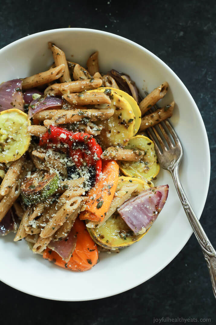 Basil Pesto Pasta with Roasted Veggies.