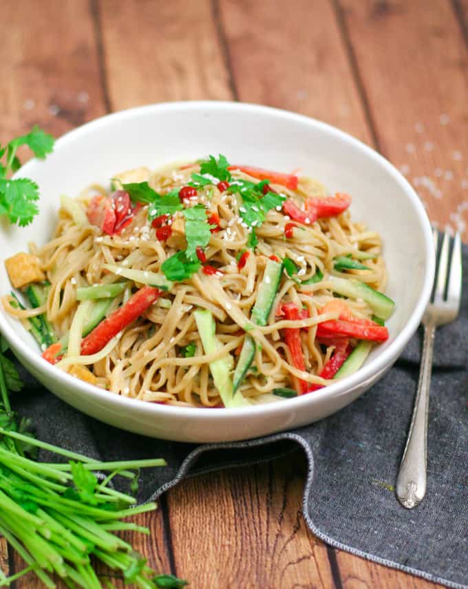 CHILLED PEANUT NOODLE SALAD WITH CRISPY TOFU