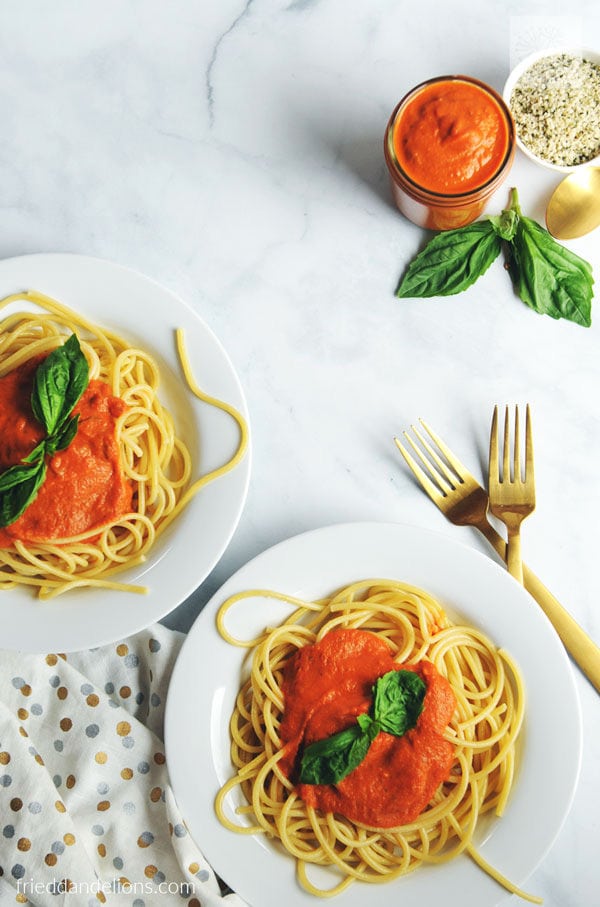 Pasta with Vodka Sauce by Fried Dandelions