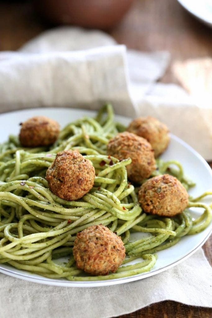 Pesto Spaghetti with Chickpea Walnut Meatballs by Vegan Richa