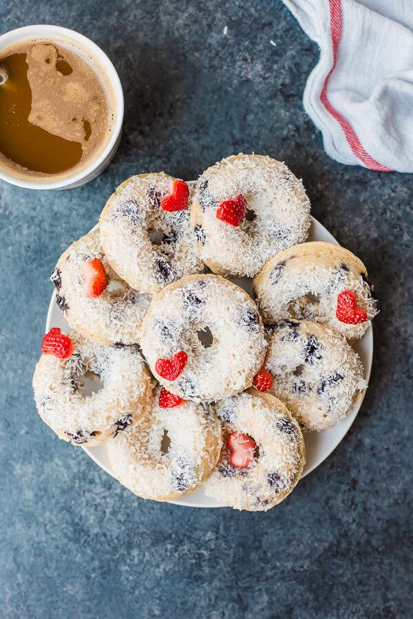 Baked Blueberry Donuts with Coconut and Strawberries.