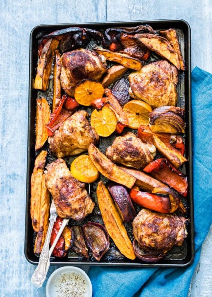 CHICKEN THIGHS AND SWEET POTATOES.