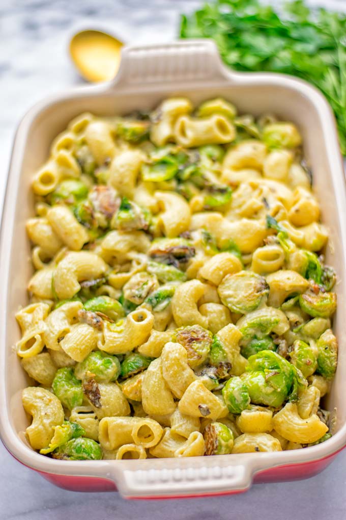 GARLIC BRUSSELS SPROUTS MAC AND CHEESE BY CONTENTEDNESS COOKING