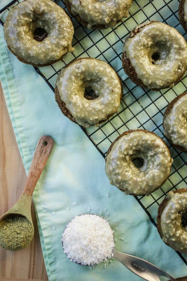 Green Tea Doughnuts with Crunchy Coconut Glaze.