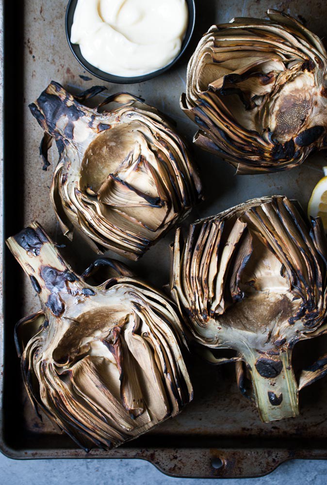 Grilled Artichokes with Garlic Lemon Mayo by Life is But a Dish