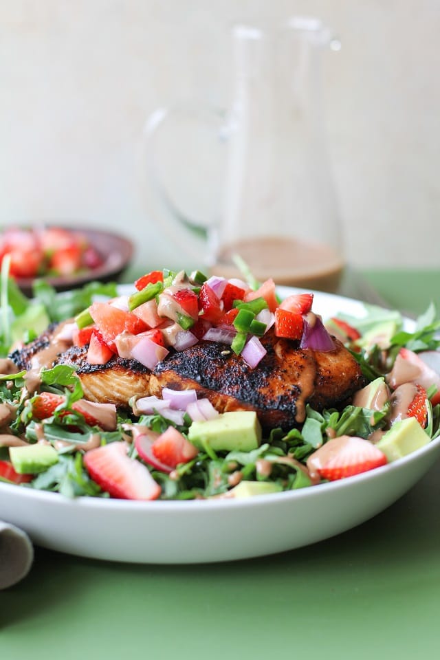 Grilled Salmon Arugula Salad with Strawberry Salsa by The Roasted Root