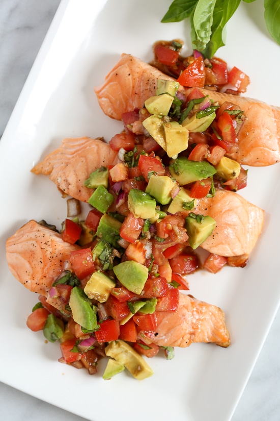 Grilled Salmon with Avocado Bruschetta from Skinny Taste