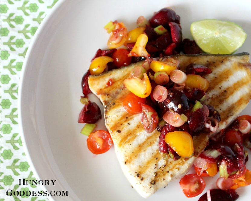 Grilled Swordfish with Spicy Cherry Salsa Recipe by The Hungry Goddess