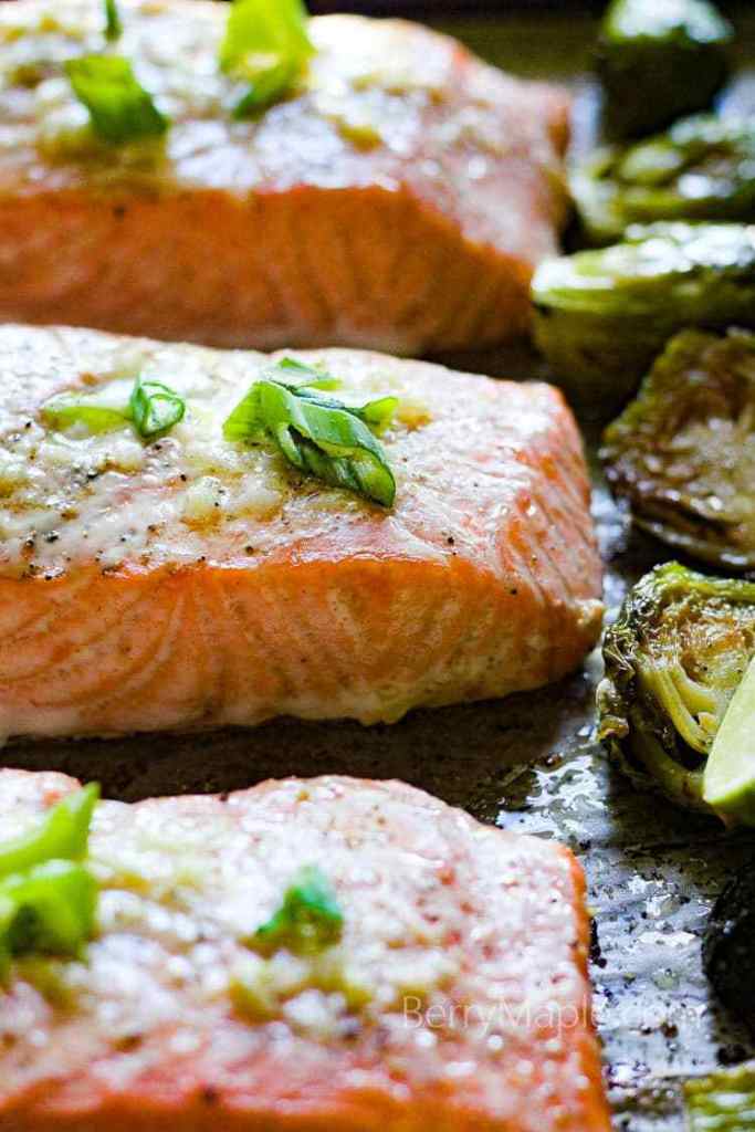 One Pan Buttery Garlic Salmon with Brussels Sprouts – Berry & Maple