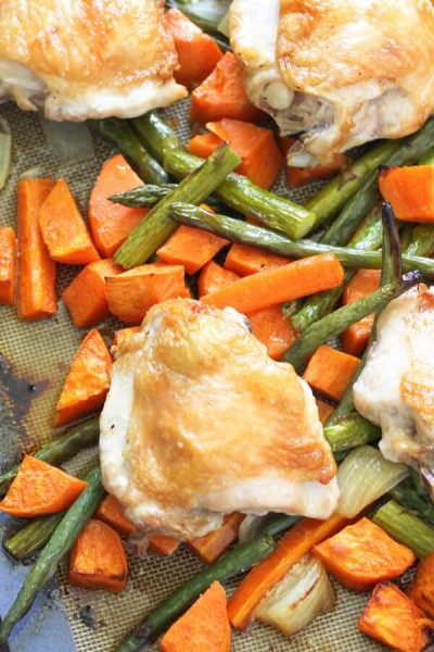 SHEET PAN CRISPY BAKED CHICKEN THIGHS AND VEGETABLES .