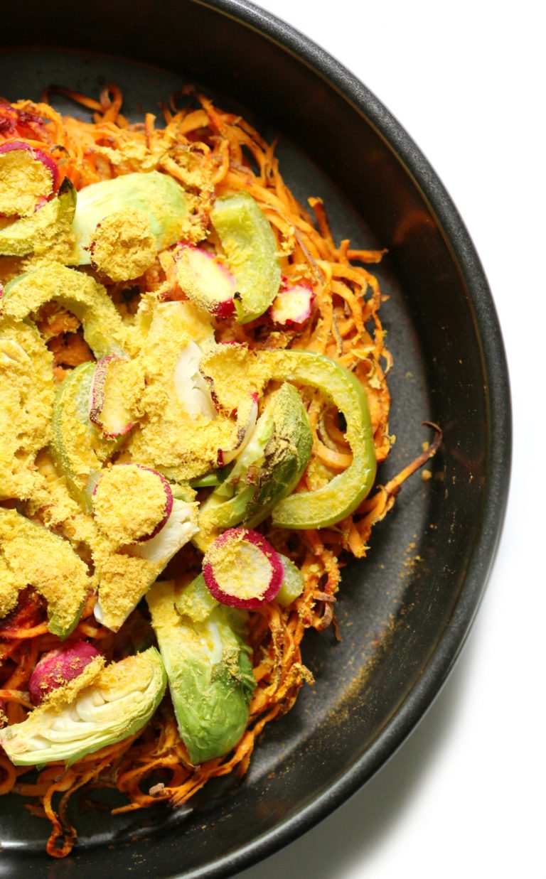 SPIRALIZED SWEET POTATO CRUST VEGGIE PIZZA BY STRENGTH AND SUNSHINE