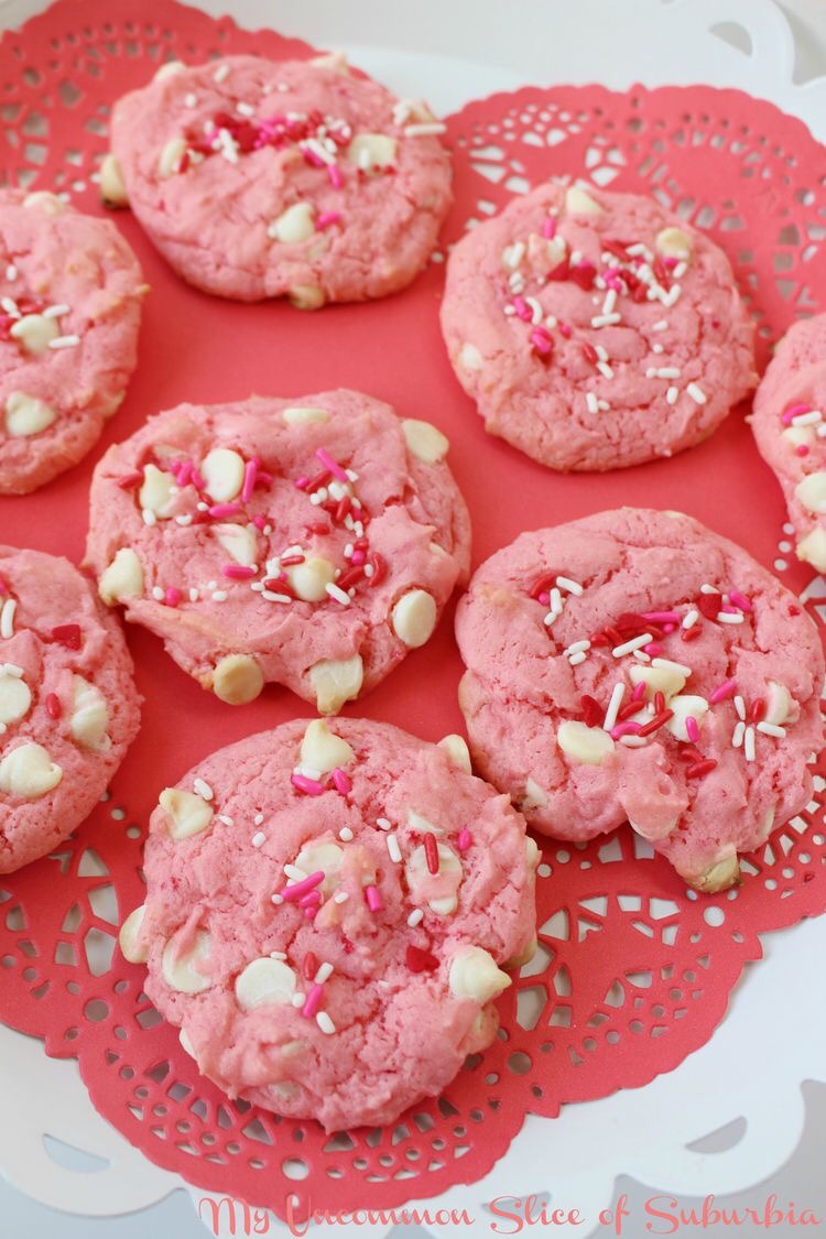 STRAWBERRY WHITE CHOCOLATE CHIP VALENTINES COOKIES.