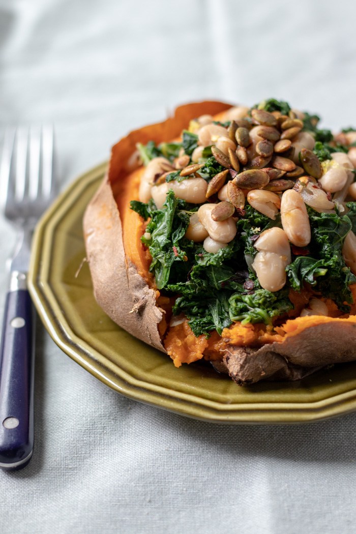 SWEET POTATOES WITH LEMONY KALE AND WHITE BEANS BY MY QUIET KITCHEN