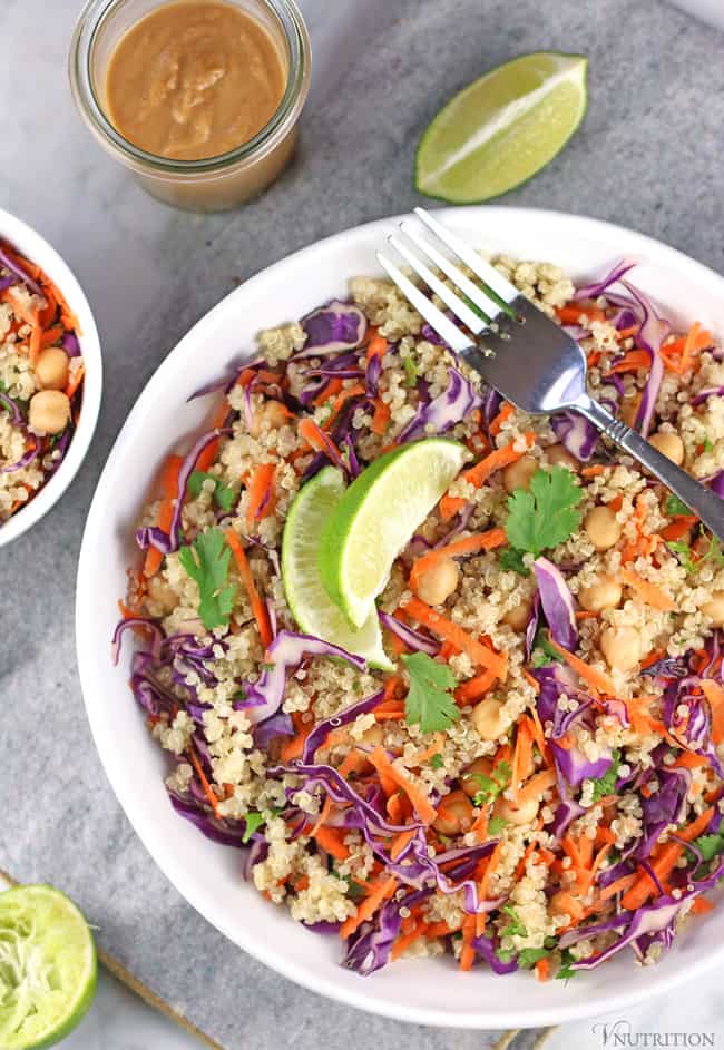 THAI QUINOA SALAD WITH CHICKPEAS & PEANUT SAUCE BY V NUTRITION AND WELLNESS.