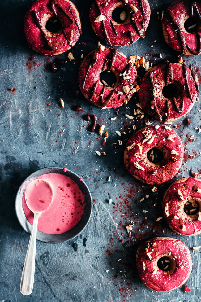 Vegan Chocolate Doughnuts with Pink Berry Glaze