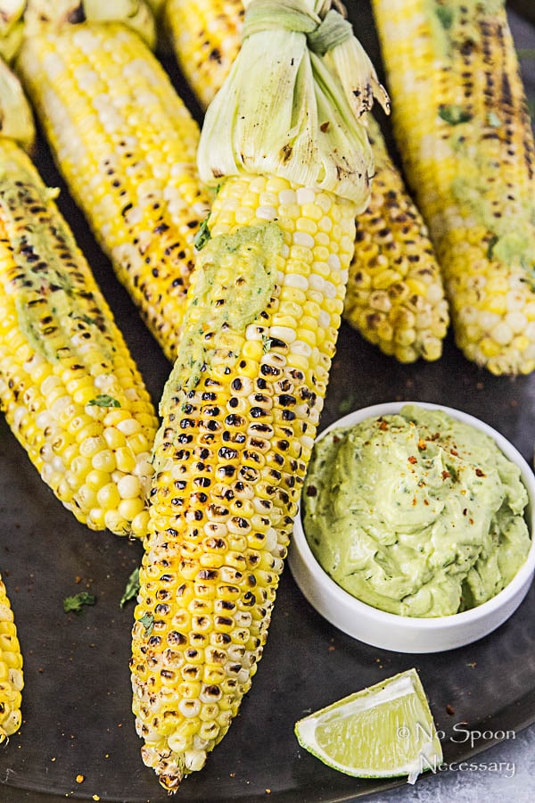 grilled corn on the cob with avocado sriracha butter from no spoon necessary