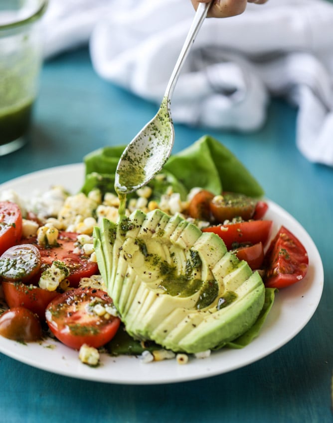 grilled corn, tomato, and avocado salad with chimichurri from how sweet eats