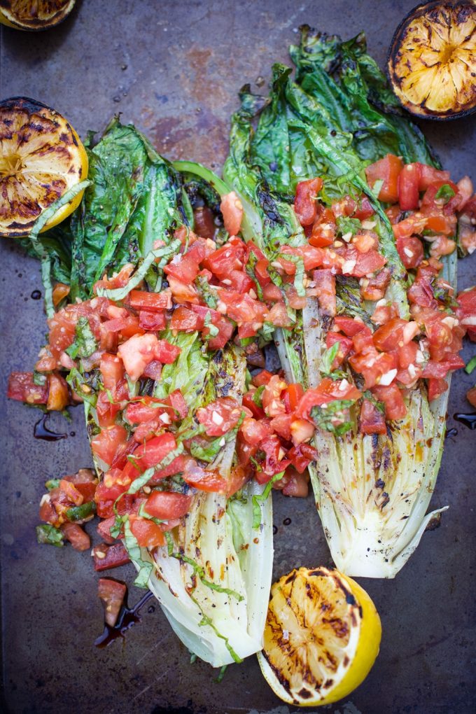 grilled romaine lettuce with tomatoes and basil from vindulge