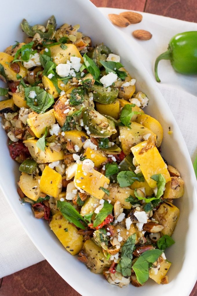 grilled summer squash with peppers, basil, and feta from chili pepper madness