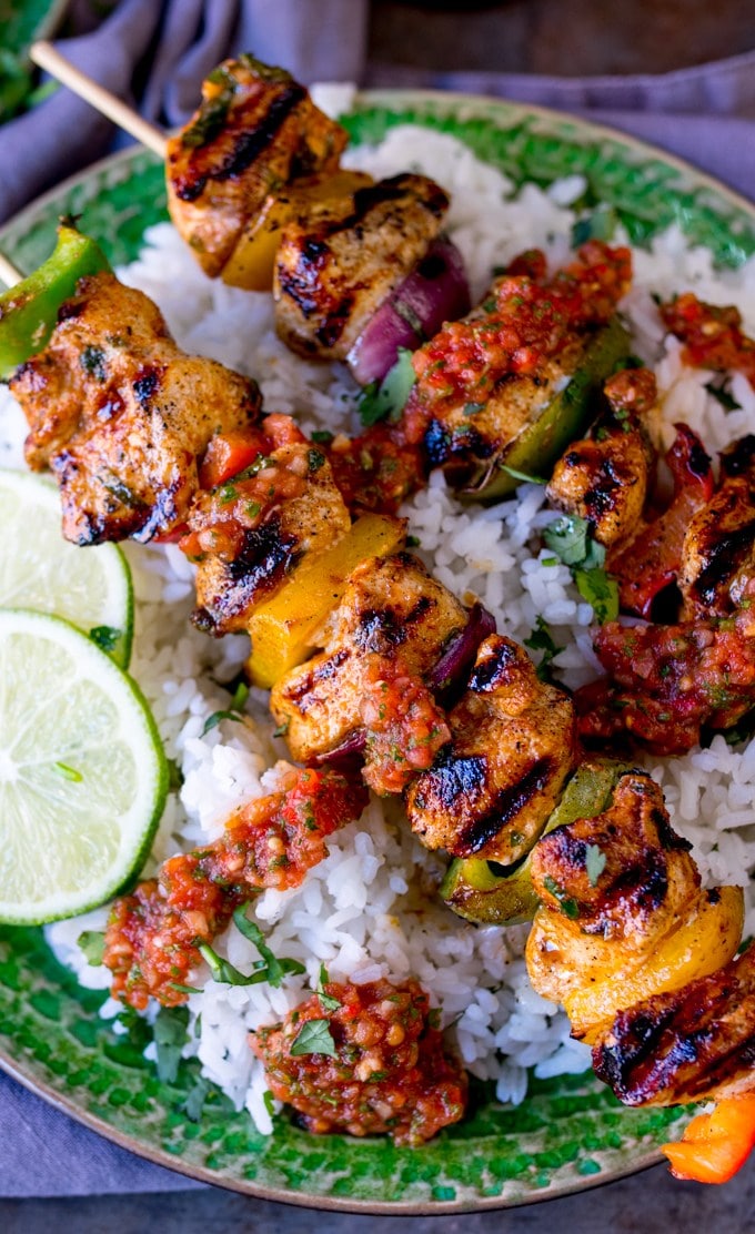 mexican chicken skewers with rice and picante salsa from kitchen sanctuary